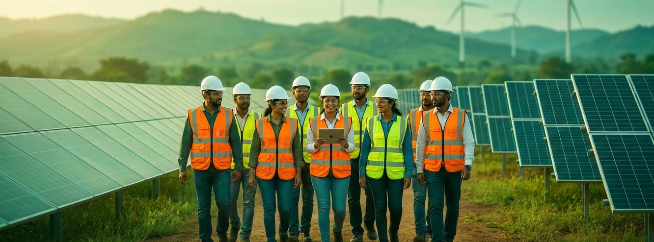 MAKS Green Energy engineers walking through a solar farm