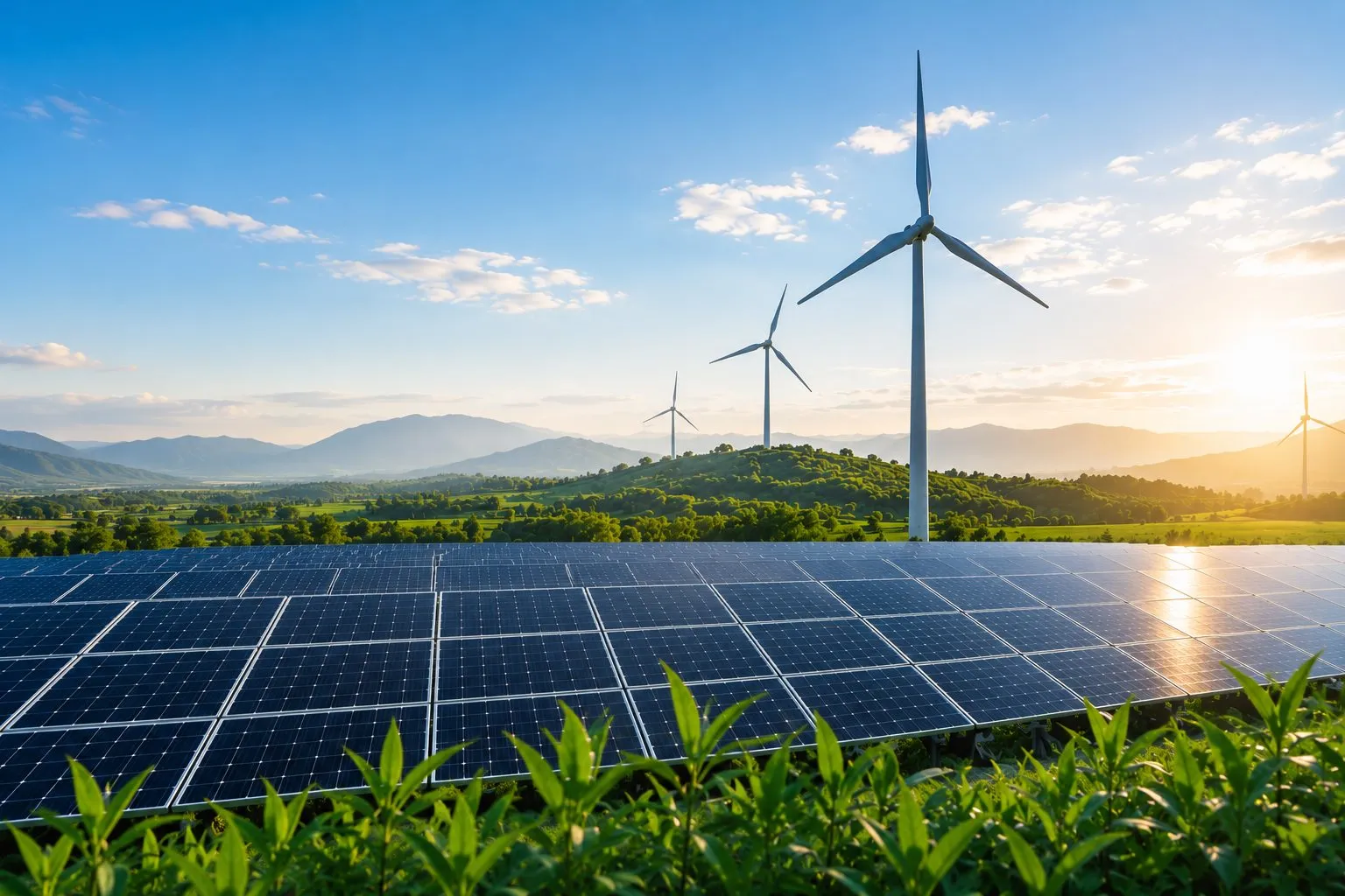Solar panels and wind turbines across green hills
